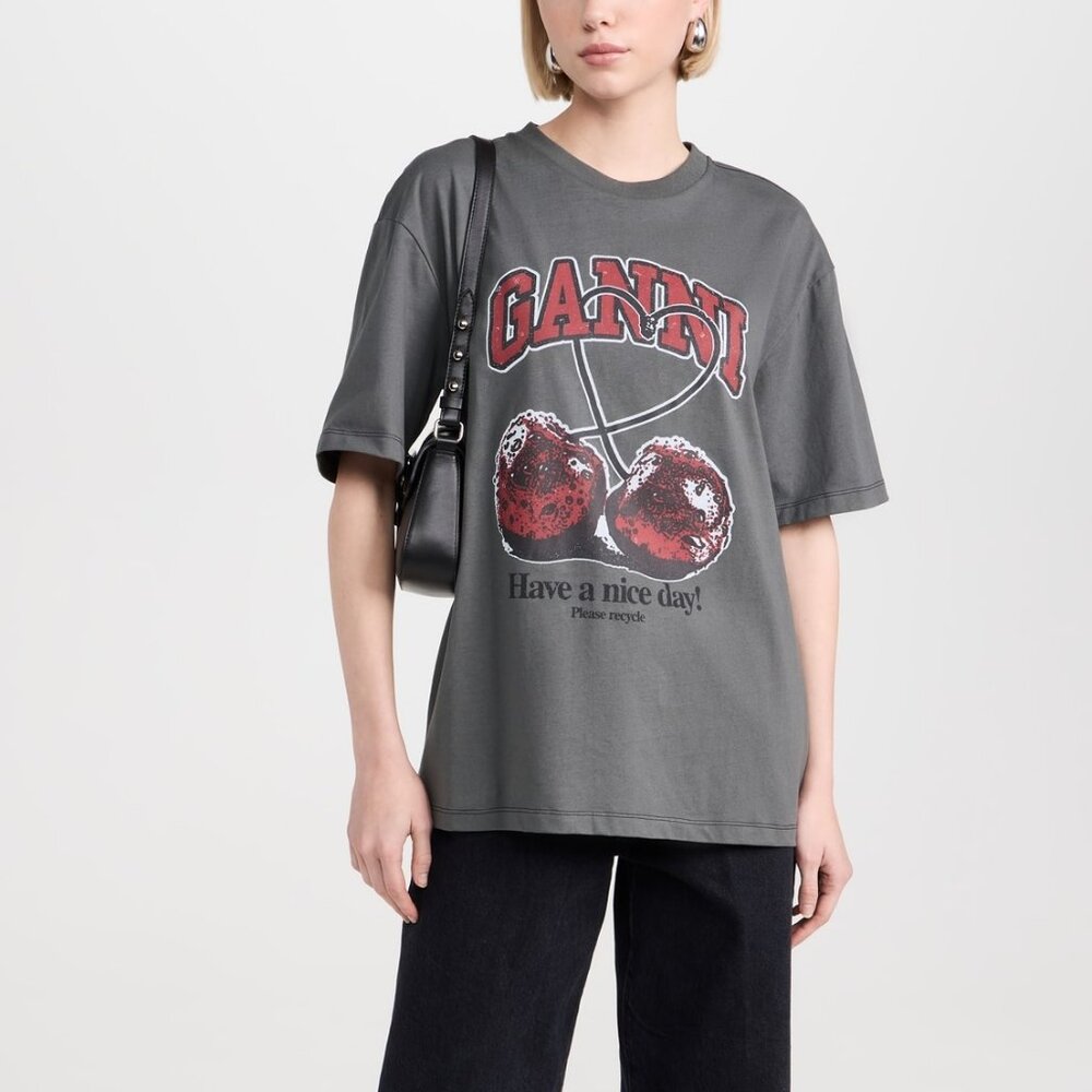 NWT Ganni Future Heavy Jersey Cherry T-Shirt | Volcanic Ash (Gray) | Size XL